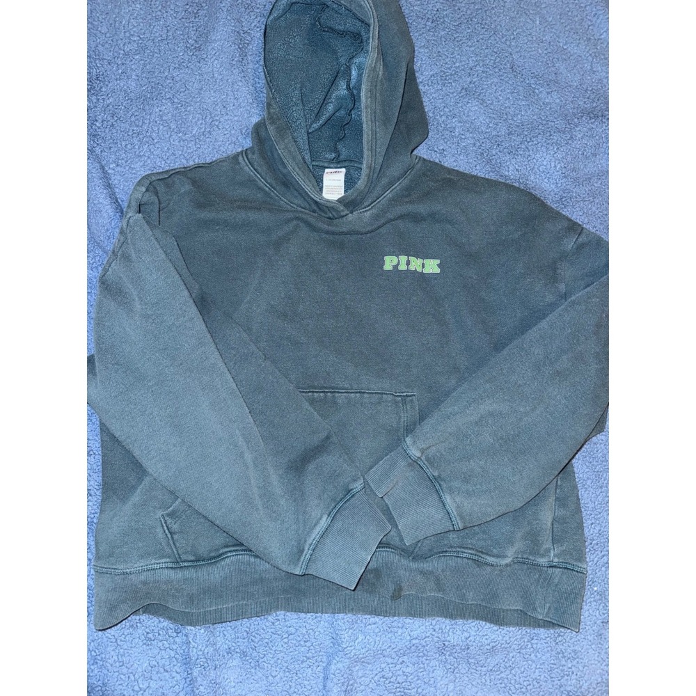 Victoria's Secret PINK Hoodie Dark Green Crest Logo Pullover Sweatshirt L Large